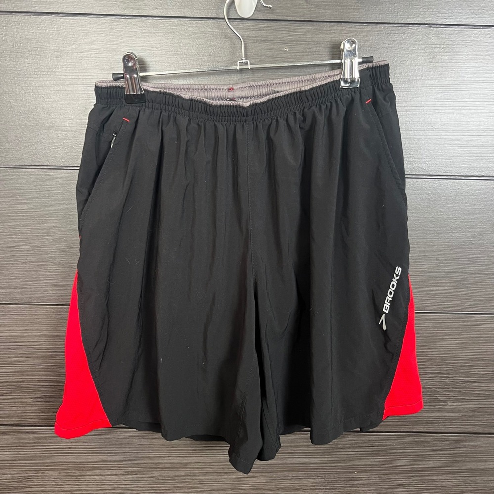 Brooks Men's Running Shorts Lined Back Zip Pocket Size M Black Red